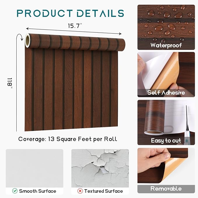 VEELIKE Walnut Wooden Slat Wallpaper Peel and Stick Waterproof Dark Wood Contact Paper for Walls 15.7''x118'' Self Adhesive Removable Faux Wood Slats Wall Panel Wallpaper for Bedroom Accent Wall Décor - Image 8