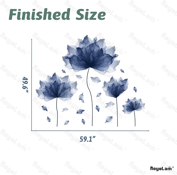 59.1'' x 49.6'' Flower Petal Wall Decal Floral Wall Sticker (Navy) | Removable waterproof peel and stick wall art for nursery, baby room, classroom, living room, bedroom, office and bathroom - Image 5
