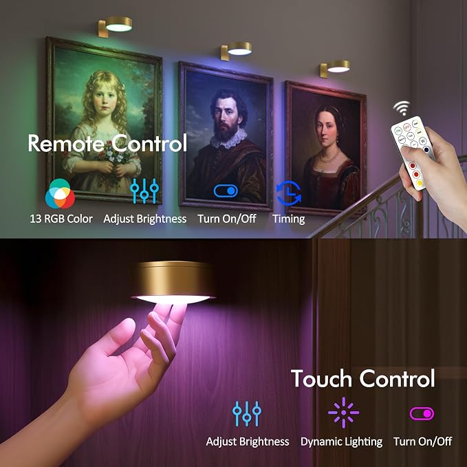 Picture Lights for Wall, Rechargeable Battery Wireless Poster Lights, Gold | LED Magnetic Painting Light with Remote Dimmable, Timer＆13 RGB Colors, Wall Decor Puck Light for Frame Art Display, 3 Pack - Image 5