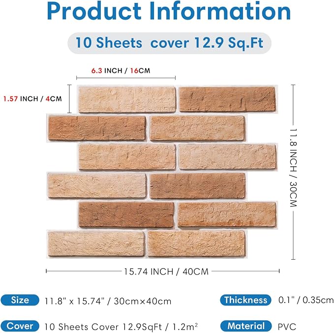 COMSTICKC 3D Faux Brick Wall Panels Peel and Stick, 10 Pcs 15.7" x 11.8" | Light Brown, Not Real Brick, Thin PVC 3D Fake Brick Decorative Tiles Sticker for Easy DIY Interior Decor, Cover 12.9 sq ft - Image 5