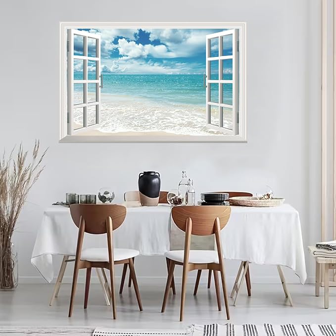 Fake Window Wall Mural White Beach (48"x32") | Peel and Stick Faux Window Wall Sticker Decal Poster for Bedroom Home Decor - Image 2