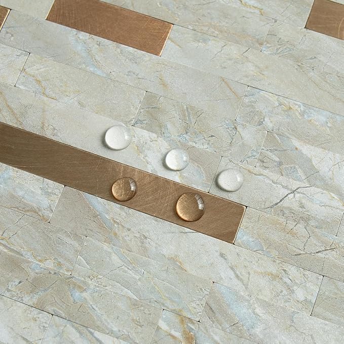 AULIGET 20 Sheets Faux Stone Peel and Stick Backsplash, Light Brown Marble Look PVC Wall Tiles Stick on Backsplash for Kitchen - Image 4