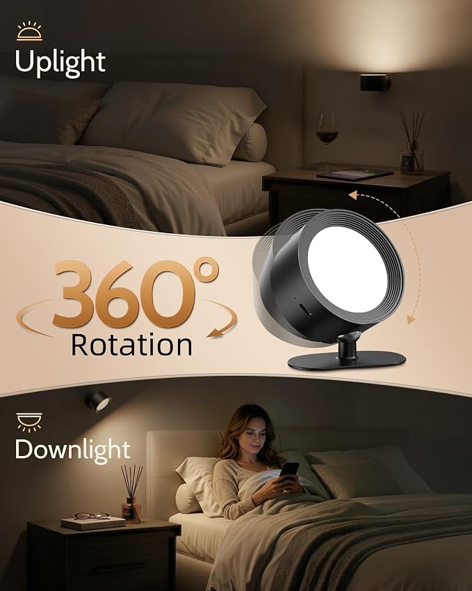 LED Wall Mounted Lights, Rechargeable Wall Sconces, 3 Color Temps, Remote & Touch, 360° Rotating and Dimmable for Bedroom, Bedside & Reading (Black, 3 Pack) - Image 7