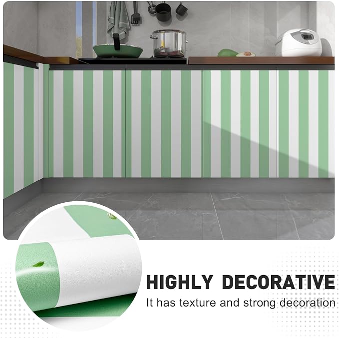 Green and White Striped Wallpaper Peel and Stick Wallpaper Self-Adhesive Removable Waterproof Wall Paper for Walls Modern Vinyl Film 17.3”x480” - Image 3