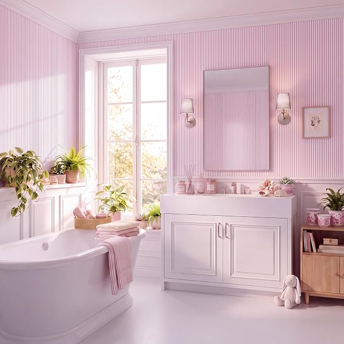 Drydiet Pink and White Striped Wallpaper Peel and Stick 15.8 x 118.1 in | Striped Wallpaper, Self Adhesive Removable, Wall Sticker Paper for Home Locker Dorm Classroom Bedroom Living Room Decor - Image 6