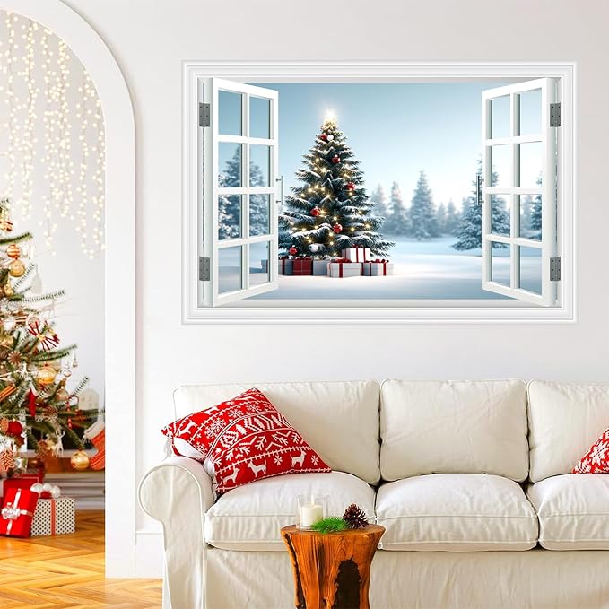 Fake Window Wall Decal - Christmas Tree Gift Winter Wall Art Poster Mural | ｜Faux Window Snow Snowfield Landscape Mural ｜ Stick and Peel Wall Decals｜for Xmas Room Office Decor｜48"x32",Set of 2 Sheets - Image 3