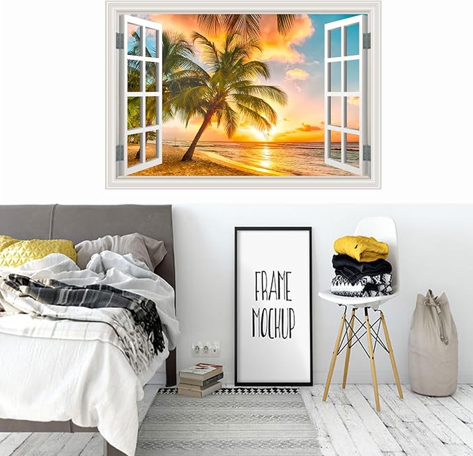Fake Window Wall Decal- Summer Beach Ocean Coconut Trees Open Art Sticker | Faux Window Natural Scenery Landscape Mural ｜ Stick and Peel Wall Decals｜Room Bedroom Office Decor｜48"x32",Set of 2 Sheets - Image 7