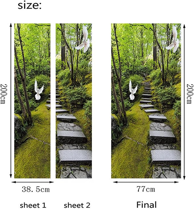 artfanke 3D Peel and Stick Door Sticker 30.3"x78.7"- Self-Adhesive Door Wallpaper Murals Decal Wall Poster-Pigeon Green Forest Landscape for Home Decor (2 Sheets/Set) - Image 5