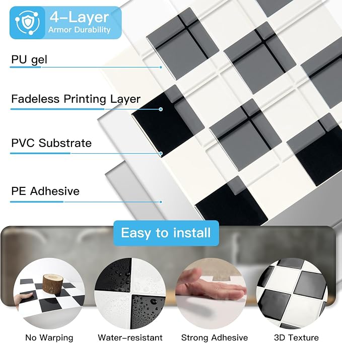 Art3d Grid Peel and Stick Backsplash, 10-Pack, 12 x 12 in, Black & White | Enhanced Thickness, Strong Adhesion, Moisture Resistant, Long-Lasting, Minimalist Look, DIY Friendly, for Kitchen Countertops - Image 6