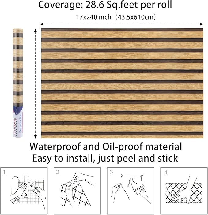 Arthome 17''x240'' Wood Slat Wallpaper Peel and Stick Self Adhesive Wood Wallpaper PVC Vinyl Decorative Removable Wallpaper Waterproof Faux Wood Grating Stripe Contact Paper for Living Room Bedroom - Image 7