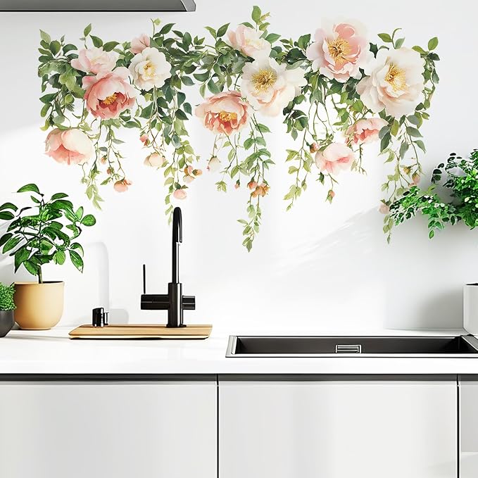 Flower Wall Decals, Removable PVC Stickers Indoor Decor | Vivid Rose Print, Peel and Stick Wall Decals Murals Art Decor , Wallpaper for Girls Bedroom Living Room Kitchen TV Background by MeyRolizn