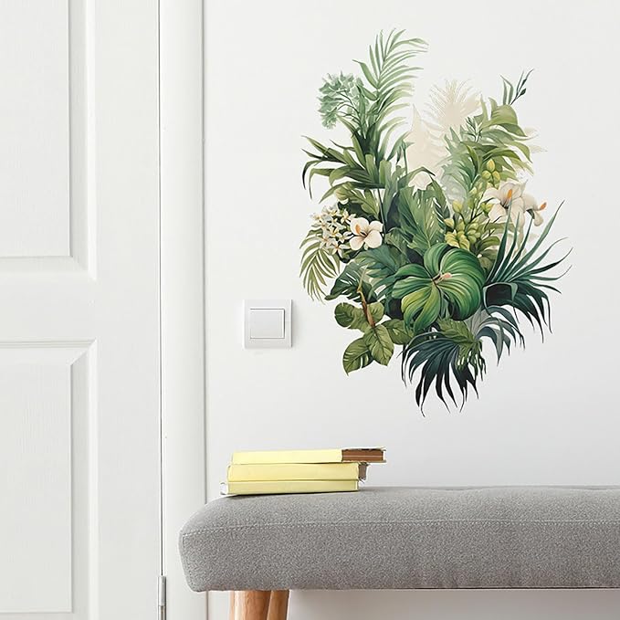 Botanical Wall Decals with Palm Leaves Lush Green Foliage White Flowers Removable Peel and Stick Wall Art 22.4x15.7 inches for Living Room Nursery Home Decor - Image 7
