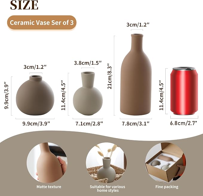 Ceramic Vase Set of 3, Vases Home Decor Rustic Farmhouse Decorative Vase Pottery Vases for Bouquet Pampas Grass Dried Fresh Flowers, Table Living Room Kitchen Bedroom Bathroom - Brown - Image 2