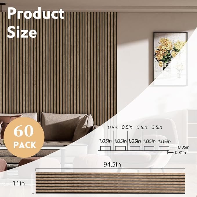 RITOLLO Wood Panels for Wall, Acoustic Wall Panels 94.5 x 11 in, 60 Pack, 3D Wood Slat Sound Absorbing Panels for Interior Wall Decor, Home Office Studio (Natural Walnut) - Image 2