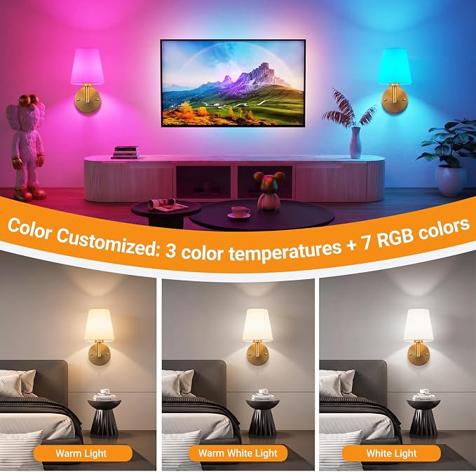 Nekhung Battery Operated Wall Sconce, Peel and Stick Sconces Set of 2 | Wireless Adhesive Stick On Wall Sconce, 10000mAh Rechargeable RGB Bulb with Remote, No Drill Wall Light for Bedroom Decor - Image 5