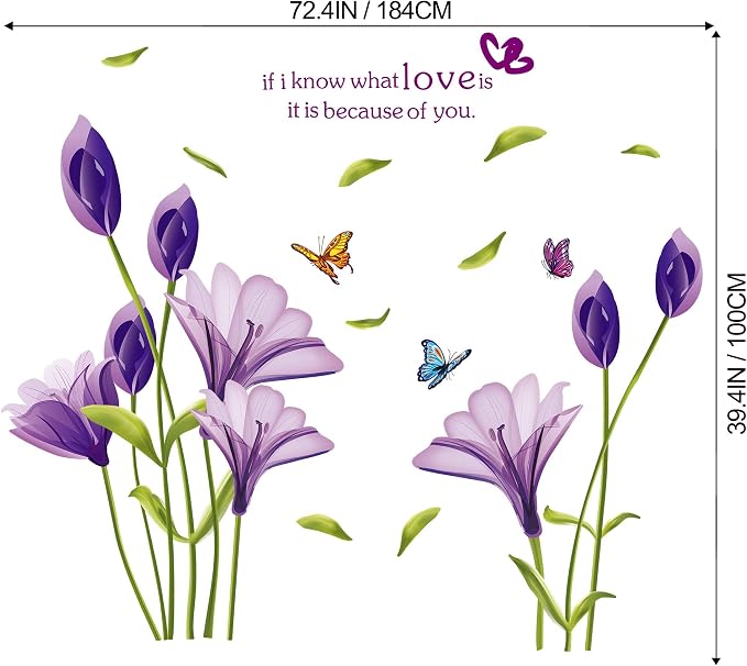 LiveGallery Beautiful Lovely Lily Flowers Wall Decals Removable DIY Butterfly Flower Vines Art Decor Wall Stickers Murals for Living Room TV Background Kids Gilrs Rooms Bedroom Decoration (Purple) - Image 5