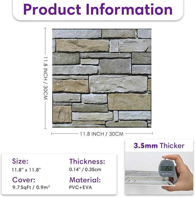 3D Faux Stone Wall Panels Peel and Stick, Designed for Quick DIY | Green with Gray, 10 Pcs 11.8" x 11.8", Stone-Look, PVC Fake Stone Wall Covering Tiles for Wall Renovation, Cover 9.7 sq ft - Image 3