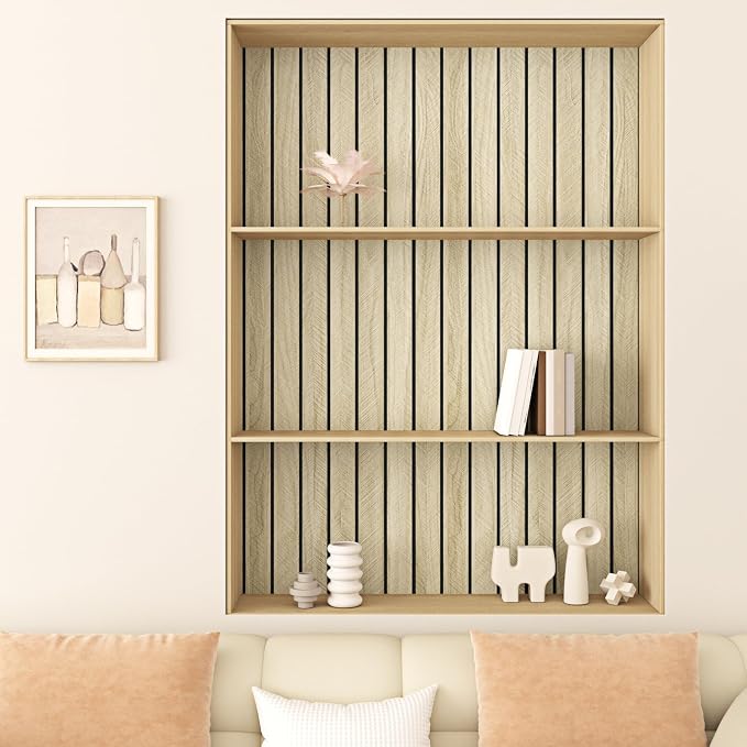 Wallercity Light Brown Wood Slat Acoustic Panels for Stylish Decor Noise Reduction 3D Textured Wood Grain Paneling for Ceiling Walls Peel & Stick Wooden Wall Panels for Background Bedroom 11.8''x118'' - Image 6