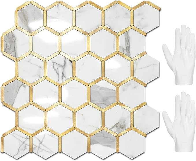 STICKGOO Hexagon Peel and Stick Backsplash Tile, Stick on Backsplash for Kitchen and Bathroom, Glossy Carrara White PVC Mixed Metal Gold Self Adhesive Wall Tiles(10 Sheets, Seamless) by STICKGOO