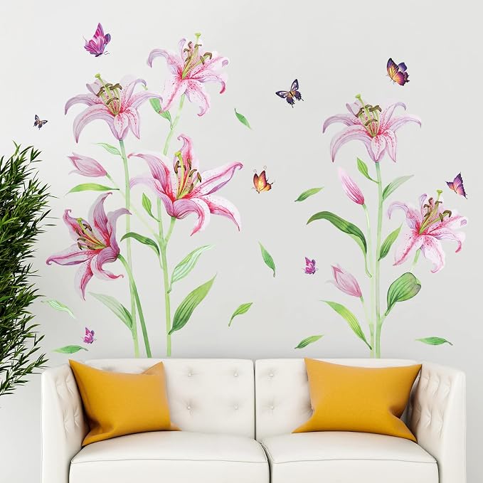 Pink Lily Flowers Wall Sticker Lifelike Romantic Lilys Floral Wall Decals Color Butterfly Green Stem Leaves Removable Art Decor for Home Living Room Girls Bedroom Playroom Bathroom Nursery - Image 2