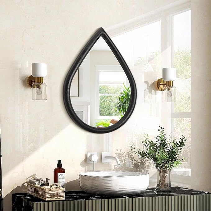 Wood Frame Teardrop Mirror Black Wall Hanging Mirrors Farmhouse Small Decorative Mirrors Oval Unique Mirror for Bathroom Living Room Entryway Hallway by FEUFOAM
