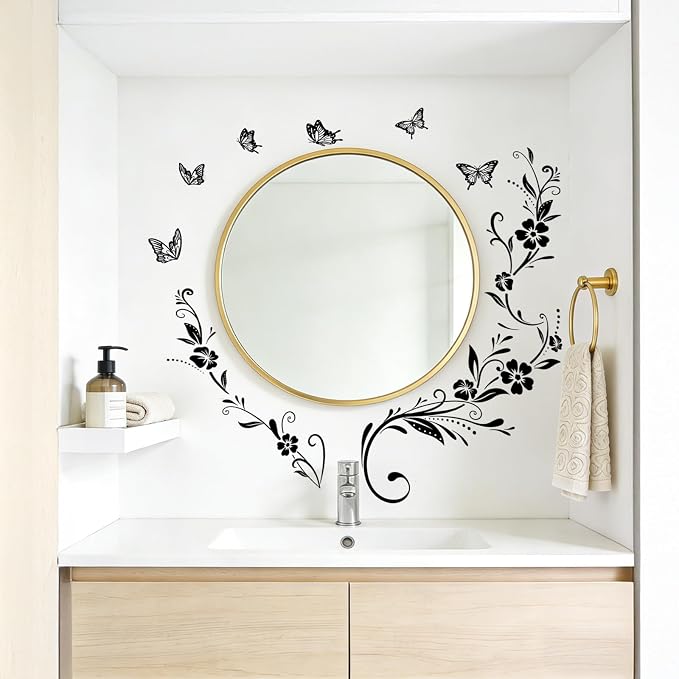 Black Flower Wall Stickers, Vines & Butterfly Wall Decals Peel and Stick | Removable Art Decoration for Living Room Bedroom Door Murals - Image 3
