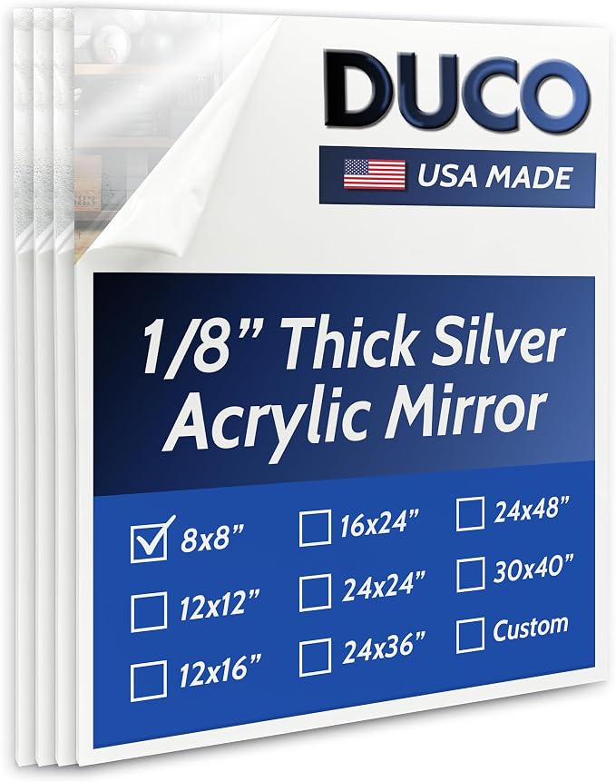 Duco USA-Made Acrylic Mirror Sheet 1/8 Inch Thick 8" x 8" (with Adhesives) - Pack of 4 Silver Frameless Plastic Mirror for Walls, Home Gyms, Bathrooms, & More - Shatter-Proof Mirrored Plexiglass by DucoPlasticsSupply