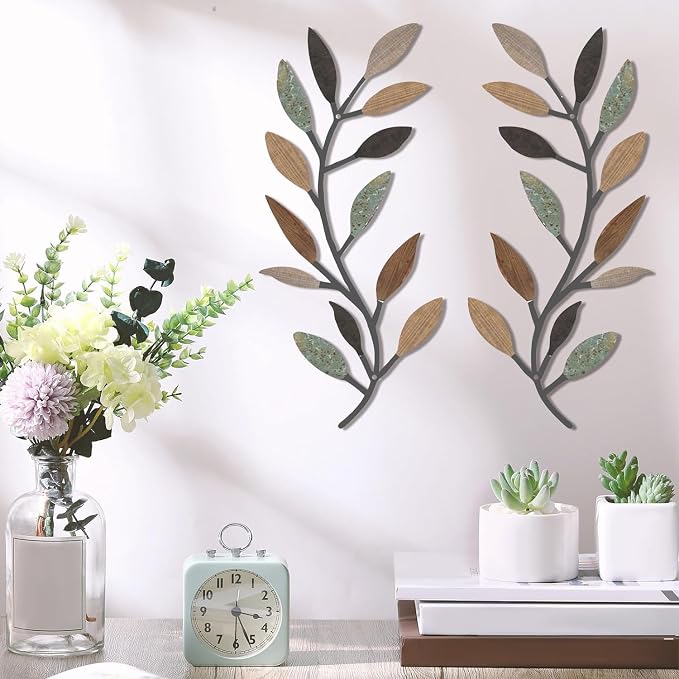 Zhengmy 2 Pcs Metal Leaf Wall Art Vine Branch Decor,Classic Color | Olive Branch Metal Decor for Living Room Hallway, Symmetrical Leaf Pair for Doorway Entryway, Lightweight Hanging Art Design - Image 3