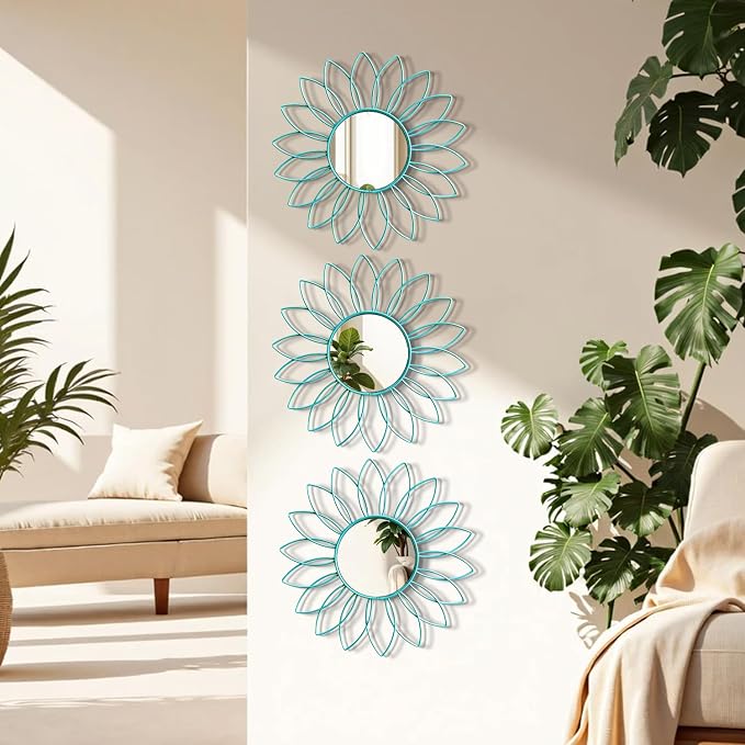 3 Pack Metal Mirrors for Wall Sunburst Wall Mirrors Home Décor Decorative Hanging Wall Art for Living Room Bedroom Entryway (Greenish Blue, Flowers) - Image 4