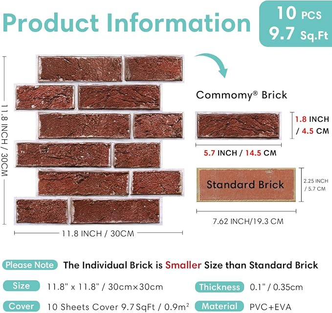 Commomy Faux Brick Panels Peel and Stick Wall Stickers 10 Pcs 11.8" x 11.8" | Small Size Thin PVC Red Fake 3D Brick Wallpaper for Kitchen,Fireplace,Home Office,Wall Covering Decor(Covers 9.7 sq.ft) - Image 4