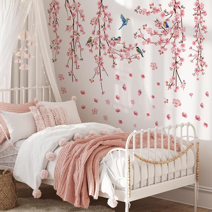 9 Sheets Cherry Blossom Decor Wall Decals Peel and Stick Pink Room Decor for Girls Bedroom Large Removable Wall Stickers & Murals Vinyl Car Decals for Women Living Room Office Vine Bird Art Clings by SWORNADecorationLLC