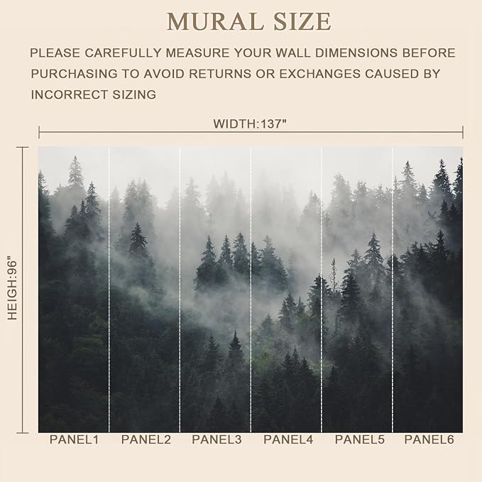 MFWFM Misty Forest Peel and Stick Wallpaper Foggy Forest Scenic Wall Murals | 137"x96", for Bedroom Living Room Bathroom, Self Adhesive Canvas - Image 4