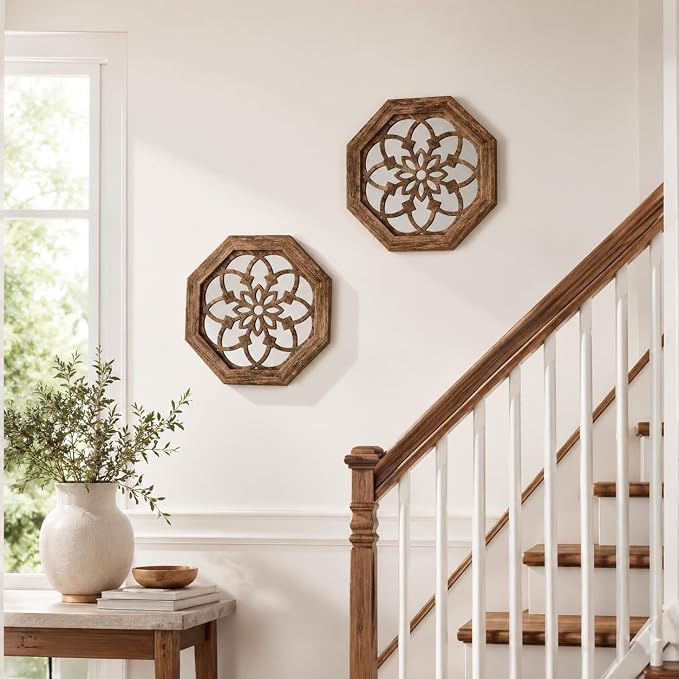 2 Pack 12 Inch Octagon Maroon Rustic Wood Frame Acrylic Wall Mirrors, Farmhouse Boho Wall Art Decor for Living Room, Bedroom, Hallway, Entryway, Bathroom & Office - Image 7