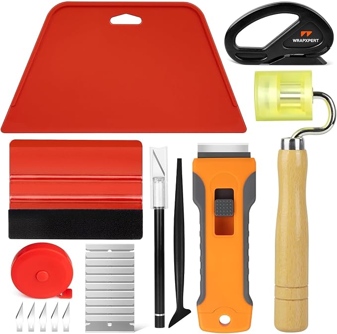 WRAPXPERT Wallpaper Tools, Smoothing Tool Kit for Peel and Stick Wallpaper/Contact Paper/Vinyl Backsplash Applying, with Squeegee Smoother, Seam Roller, Razor Scraper, Knife and Blades by WRAPXPERT