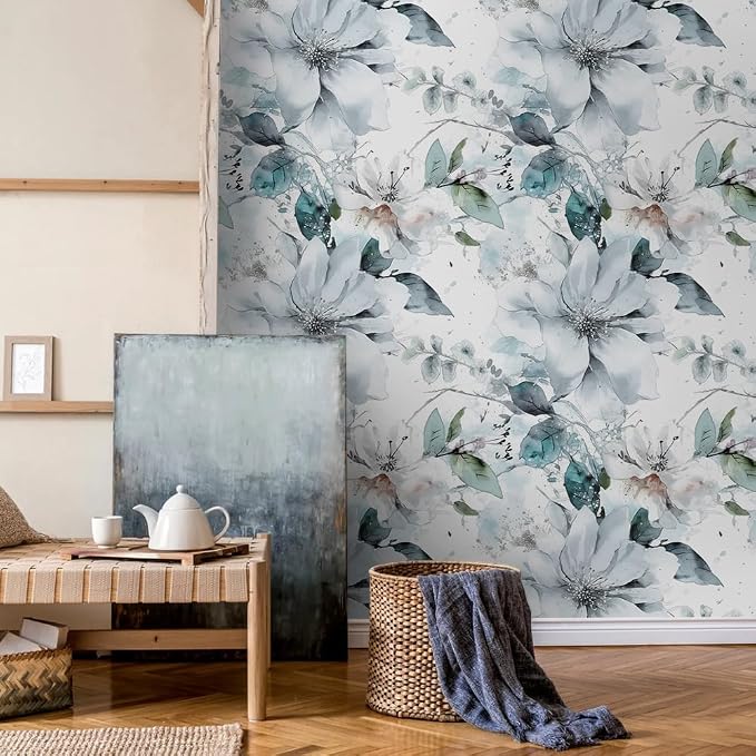 Ice Blue White Large Hyacinth Floral Green Leaf Peel and Stick Wallpaper Wall Decor Self Adhesive Wall Paper Stick on Easy Peel Off Contact for Renter Apartment - Image 2