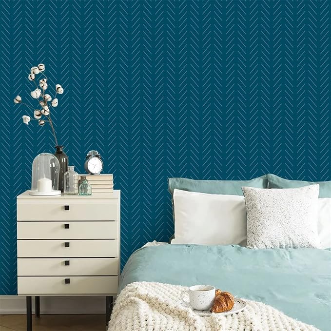 Orainege Blue Peel and Stick Wallpaper Navy Wallpaper Self Adhesive | 17.7 in x393.7 in Blue Contact Paper Herringbone Geometric Wallpaper Peel and Stick Removable Vinyl Wall Paper for Bathroom - Image 2