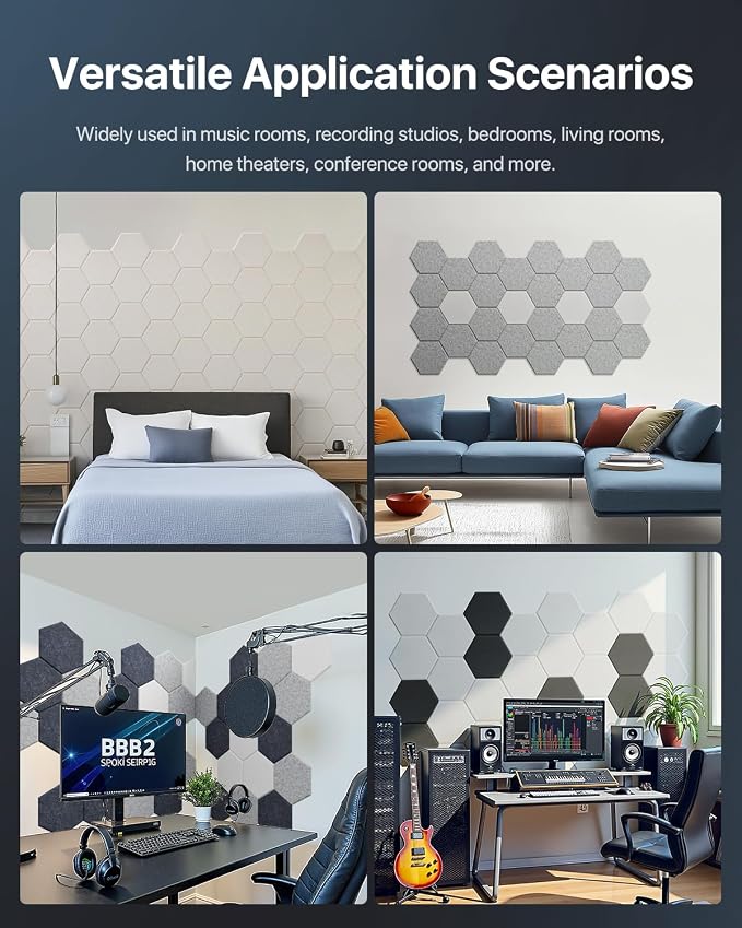 Soundsbay Hexagon Acoustic Panels, Self-Adhesive 18 Pack Sound Panels | 150kg/m³ High-Density Polyester, Covers 15 sq ft Soundproof Wall Panels for Walls, Office, Ceiling 12" X 10" Black - Image 7