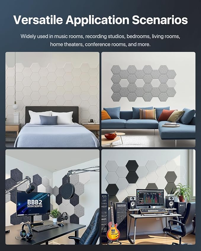 Soundsbay Hexagon Acoustic Panels, Self-Adhesive 18 Pack Sound Panels | 150kg/m³ High-Density Polyester, Covers 15 sq ft Soundproof Wall Panels for Walls, Office, Ceiling 12" X 10" Beige - Image 7
