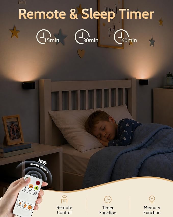 LED Wall Mounted Lights, Rechargeable Wall Sconces, 3 Color Temps, Remote & Touch, 360° Rotating and Dimmable for Bedroom, Bedside & Reading (Black, 2 Pack) - Image 3