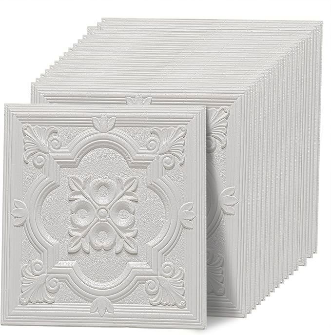 Ceiling Tiles Peel and Stick Foam, 3D Wall Panels 16 Pcs Covered 21 Sq.Ft | Peel and Stick Floral Look, Easy to Install and Cut for Ceiling and Interior Wall Decor, Plain White（13.8 x 13.8 inch） - Image 7