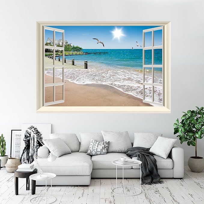 Fake Window Wall Decal- Summer Beach Seascape Open Wall Art Poster Sticker | Faux Window Ocean Coast Natural Scenery Landscape Mural｜ Stick and Peel Wall Decals｜for Room Bedroom Office Decor｜24"x16" - Image 5