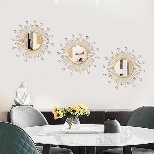 3 Pack Metal Mirrors for Wall Sunburst Wall Mirrors Home Décor Decorative Hanging Wall Art for Living Room Bedroom Entryway (Gold Crystal, Sunburst) - Image 2