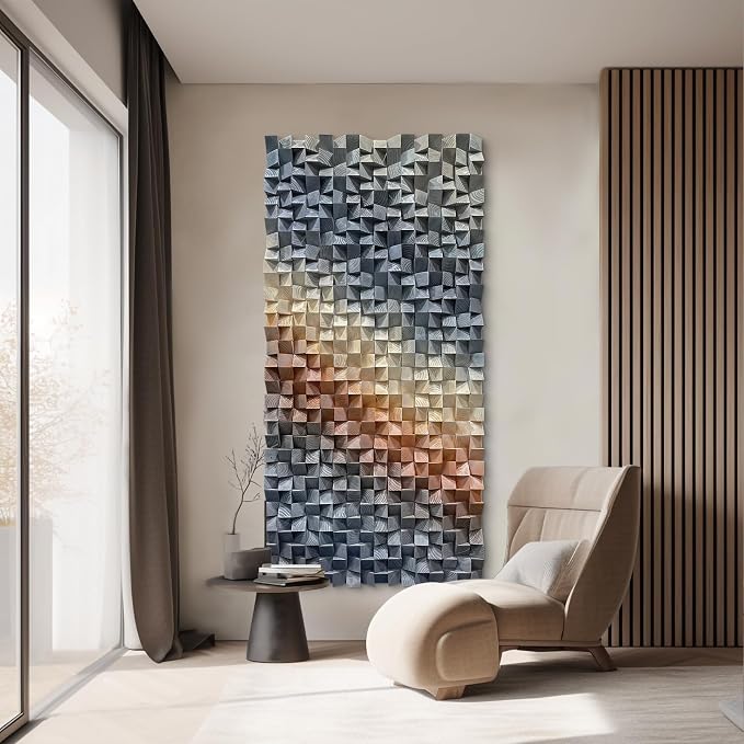 LIUZEYUE Statement-Size Modern Mosaic Wall Art, Sculptural Wood Grain | pine block wall sculpture; dark blue and warm bronze, shadow-casting facets; living room wide sofa backdrop; 35.4 x 70.9 in by Unknown