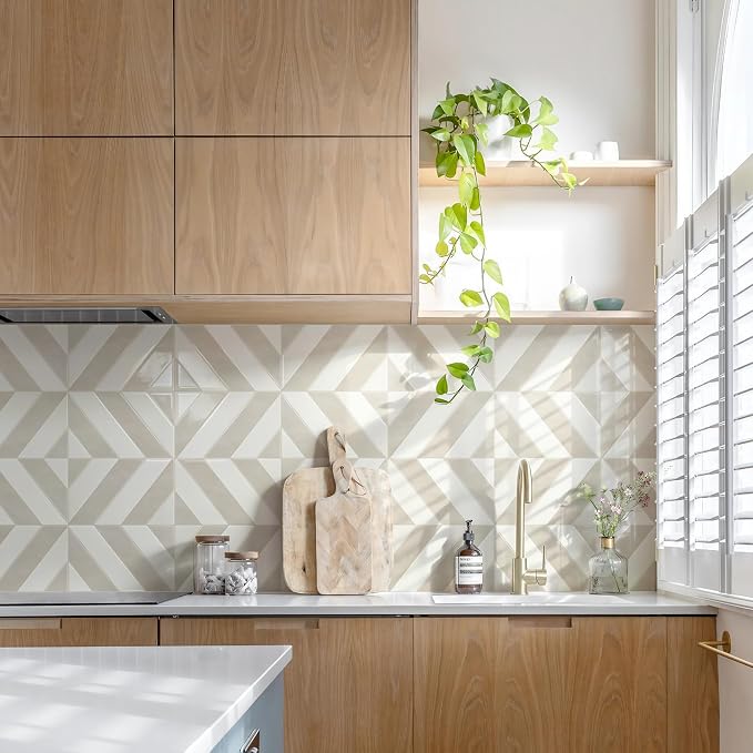 STICKGOO Herringbone Peel and Stick Backsplash, White & Beige, 10 Sheets | 12.6 x 9.7 in, Thicker Rectangular Vinyl Stick-On Wall Tiles, Easy Alignment, Waterproof, Easy to Clean, Kitchen/Bathroom - Image 3