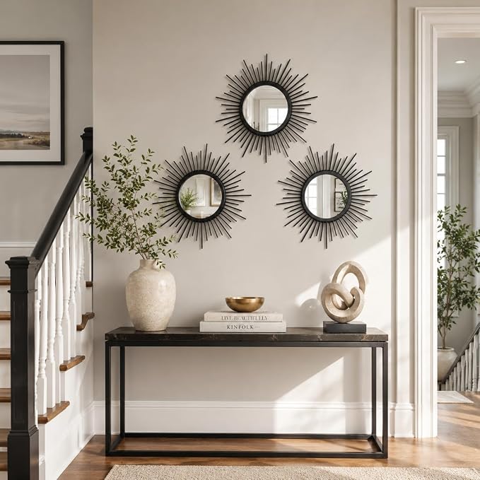Black Sunburst Mirror Set of 3, 3PCS Metal Round Decorative Wall Mirrors, Starburst Accent Mirror Wall Decor for Living Room, Entryway, Bedroom & Hallway - Image 4