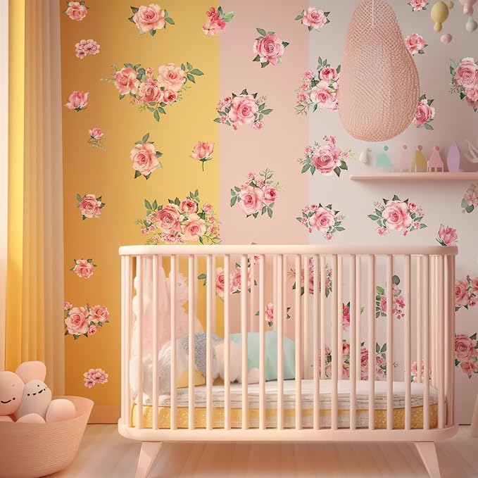 Pink Flowers & Green Leaves Wall Decals - Removable Peel & Stick Garden Floral Wall Stickers for Bedroom & Living Room - Image 8