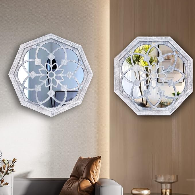 ZOLAPI 2 PCS 20inch Octagon Wall-Mounted Mirrors,Vintage Farmhouse Mirror for Wall Decor,Rustic White Color Decorative Accent Mirror for Foyer, Bathroom, Bedroom. (20”x20”) - Image 4