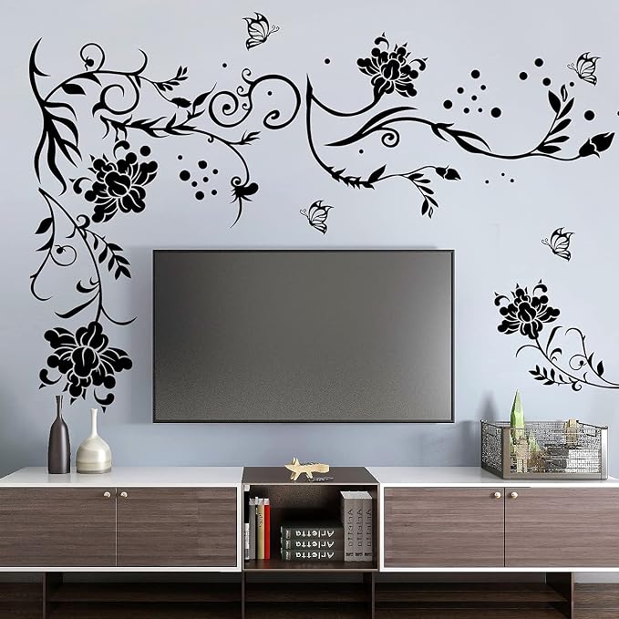LiveGallery Black Vines Wall Decals Flowers Wall Stickers Twigs Vine Wall Decal DIY Removable Vinyl Chrysanthemum Wall Decor for Baby Kids Girls Bedroom Living Room Offices TV Sofa Background Home - Image 2