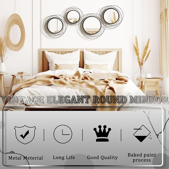 Hicarer 4 Pcs Decorative Round Modern Circle Mirror Wall Art Ring Metal Mirror Wall Mounted for Bedroom, Living Room, Entryway, Dining Room, Hallway (Black) - Image 4
