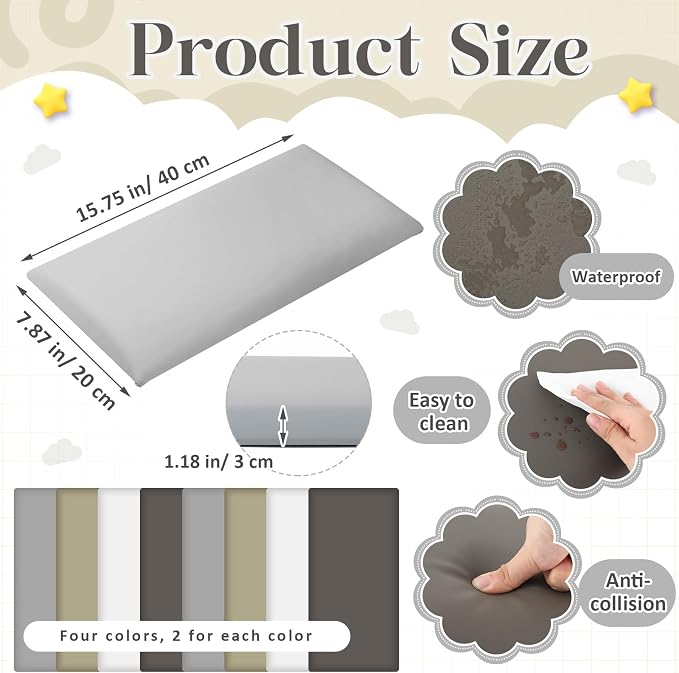 Hahafelt Wall Padding for Playroom Peel and Stick Headboard 3D Anti Collision Upholstered Wall Panels Self Adhesive Headboard(15.75" X 7.87" X 1.18",Gray Colors,8 Pack) - Image 2